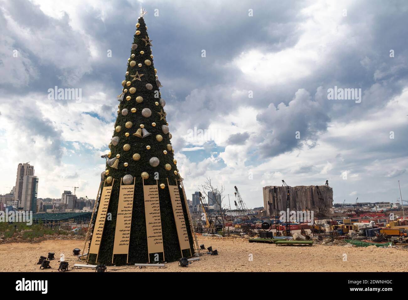 Christmas Tree in front of Beirut Port, the site of August 4 massive explosion with the names of the victims Stock Photo
