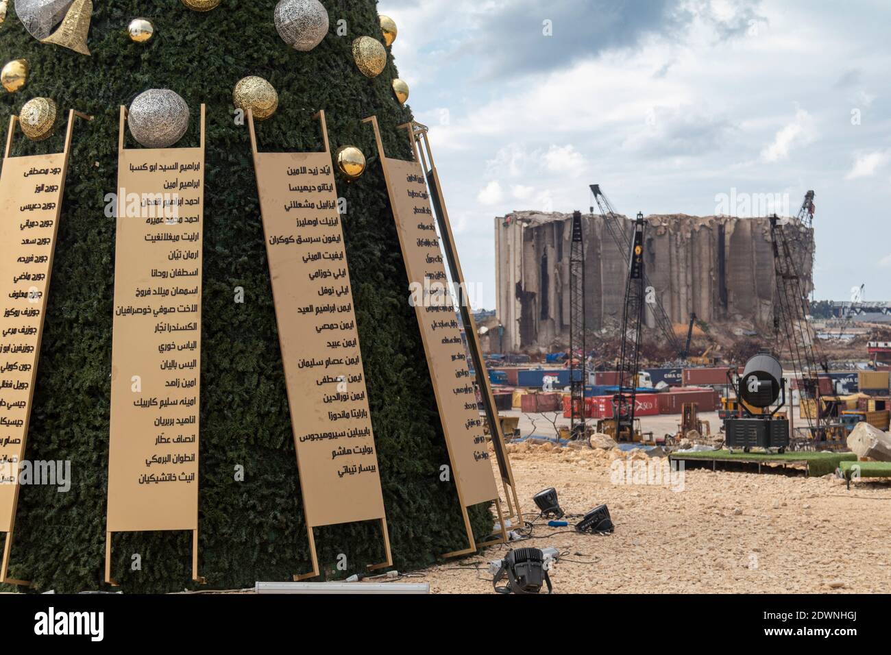 Christmas Tree in front of Beirut Port, the site of August 4 massive explosion with the names of the victims Stock Photo