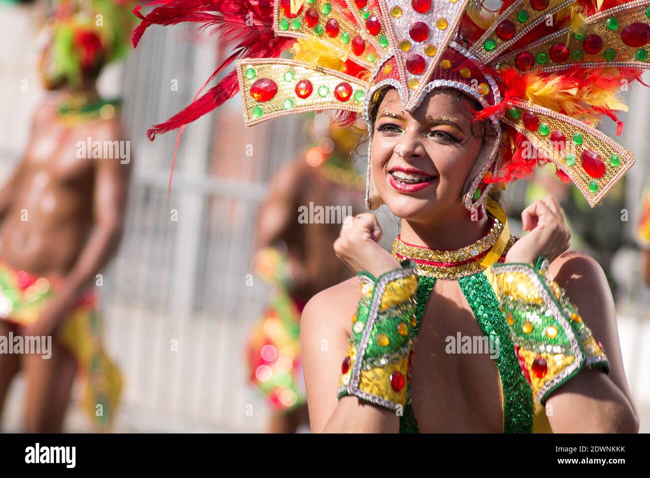 BARRANQUILLA, COLOMBIA - Feb 13, 2018: The comparsa parades their traditional colorful costumes at the Barranquilla carnival Stock Photo
