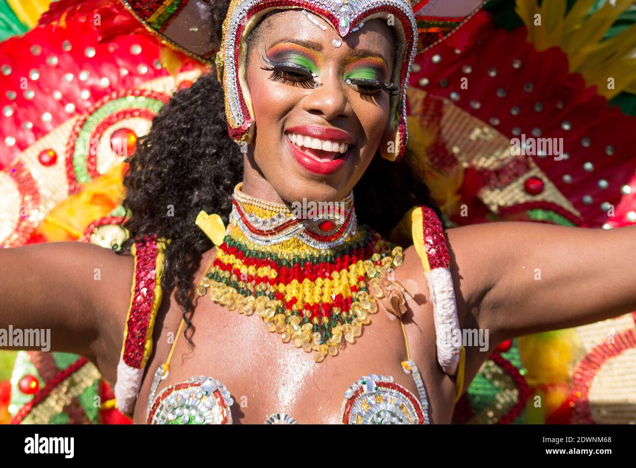 BARRANQU, COLOMBIA - Feb 13, 2018: The comparsa parades their traditional colorful costumes at the Barranquilla carnival Stock Photo
