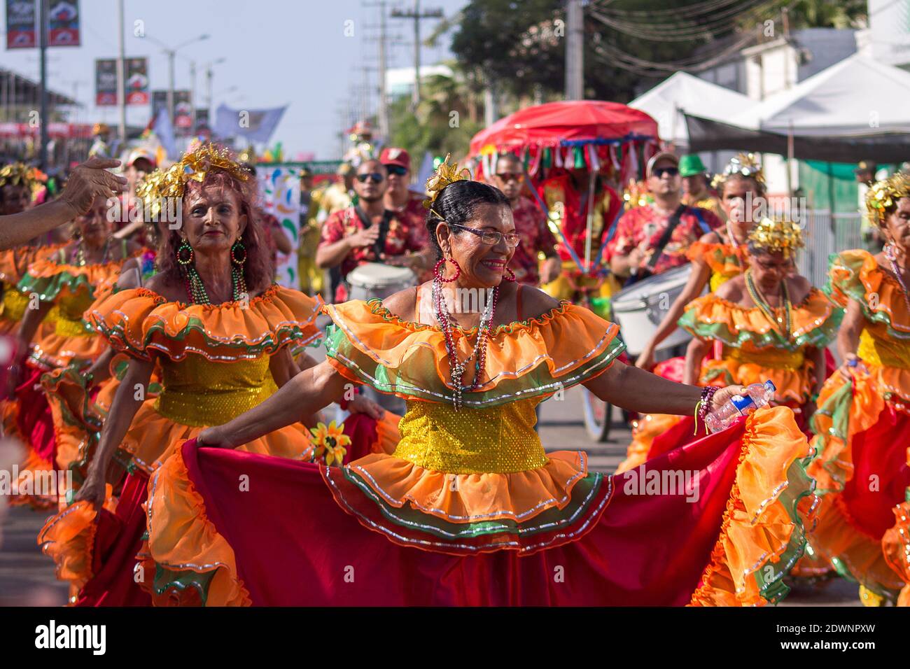 BARRANQUILLA, COLOMBIA - Feb 11, 2018: The comparsa parades their traditional colorful costumes at the Barranquilla carnival Stock Photo
