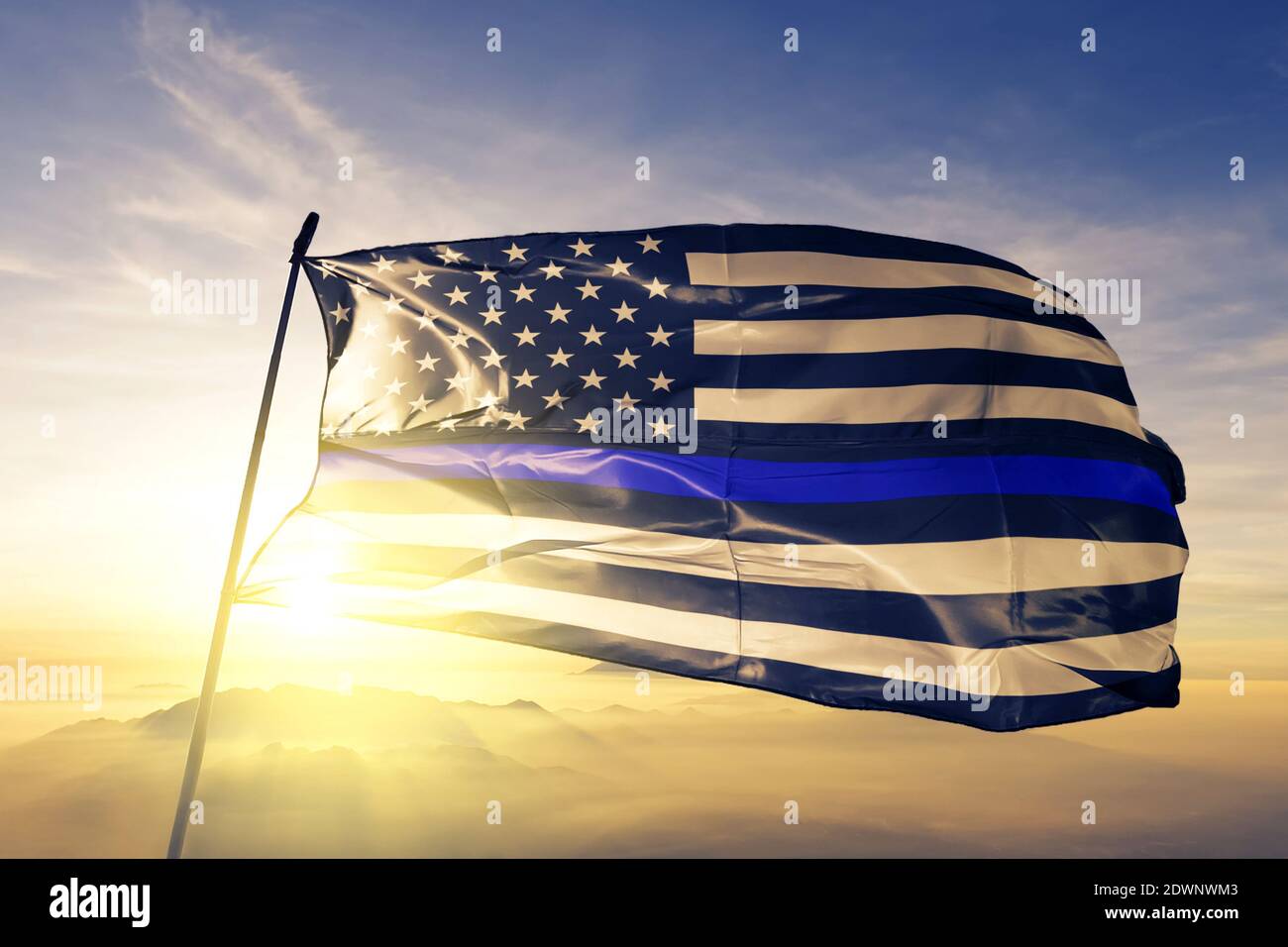 Blue Lives Matter american stars flag waving on the top sunrise mist fog  Stock Photo - Alamy
