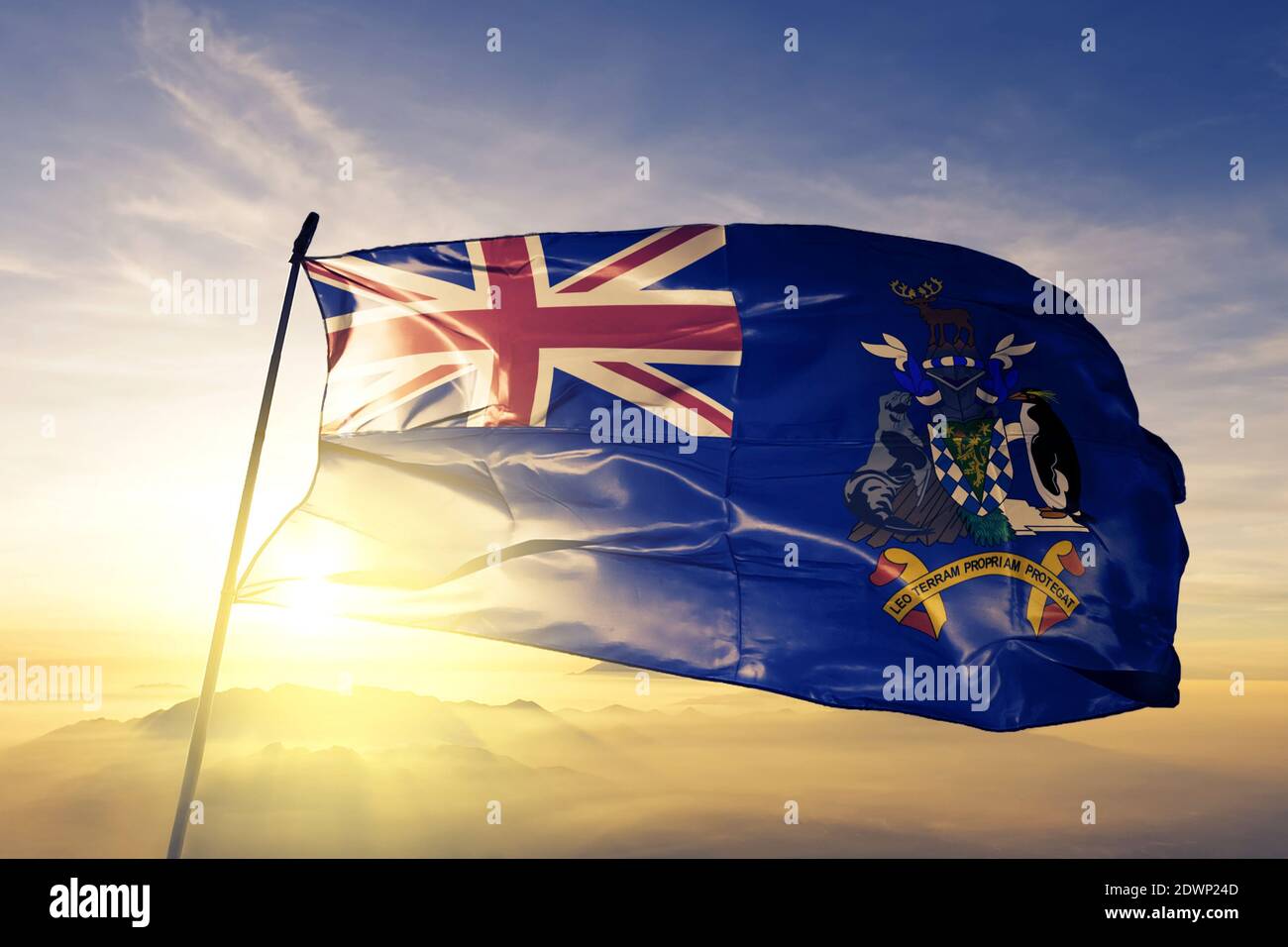 Flag Of South Georgia And The South Sandwich Islands Hi Res Stock   South Georgia And The South Sandwich Islands Flag Waving Sunrise Mist Fog 2DWP24D 