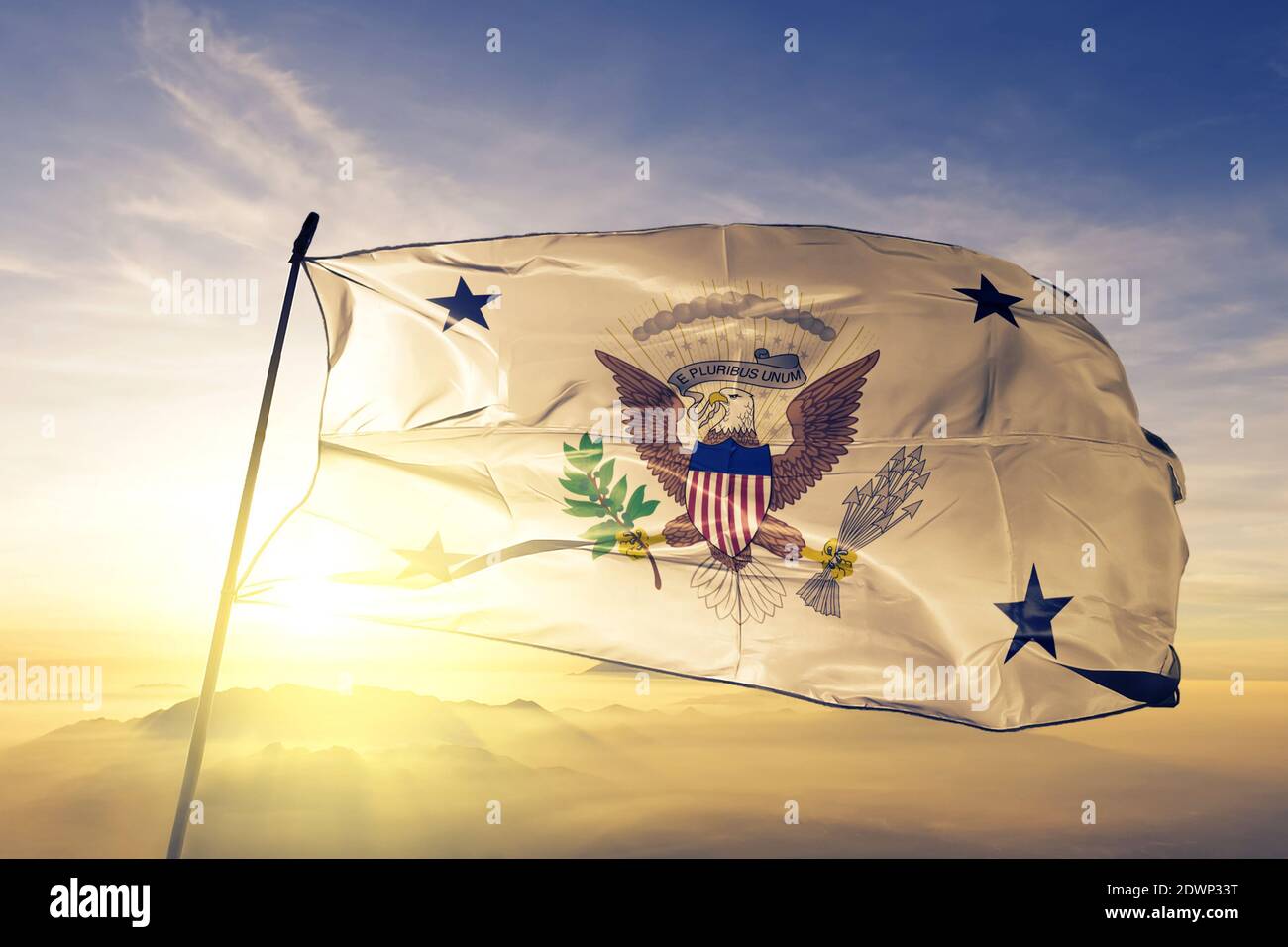 Vice President of the United States flag waving on the top sunrise mist fog Stock Photo