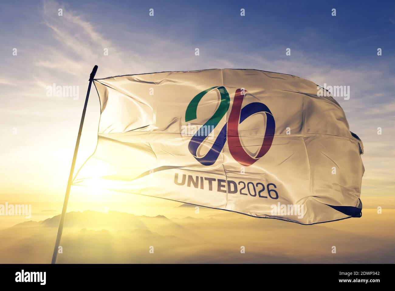 USA-Canada-Mexico 2026 FIFA World Cup flag waving on the top sunrise mist fog Stock Photo
