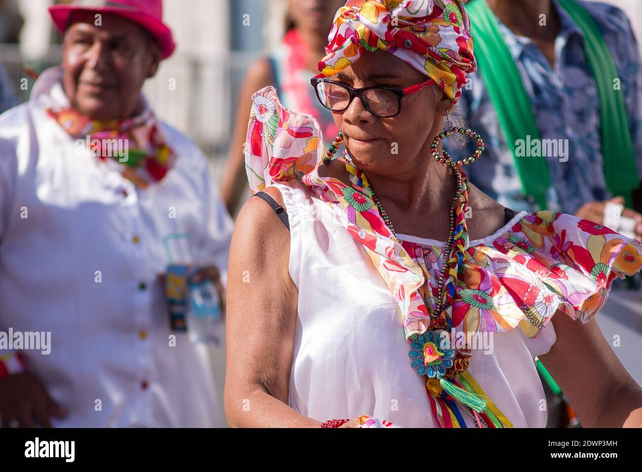 BARRANQUILLA, COLOMBIA - Dec 20, 2020: The comparsa parades their traditional colorful costumes at the Barranquilla carnival Stock Photo