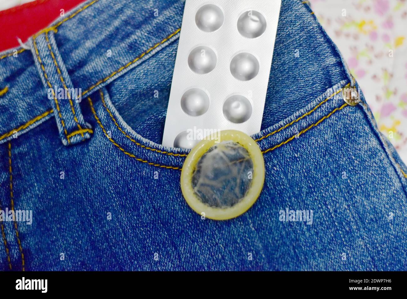 Close-up Of Condom And Blister Pack On Jeans Stock Photo - Alamy