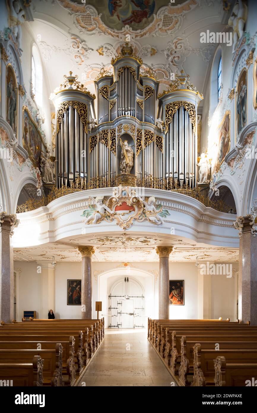 Pipe organ in Mariastein Abbey in Metzerlen-Mariastein in the Canton of Solothurn, Switzerland. Stock Photo