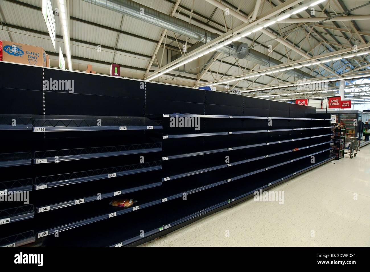 Empty shelves in a UK super store caused by the COVID19 panic buying