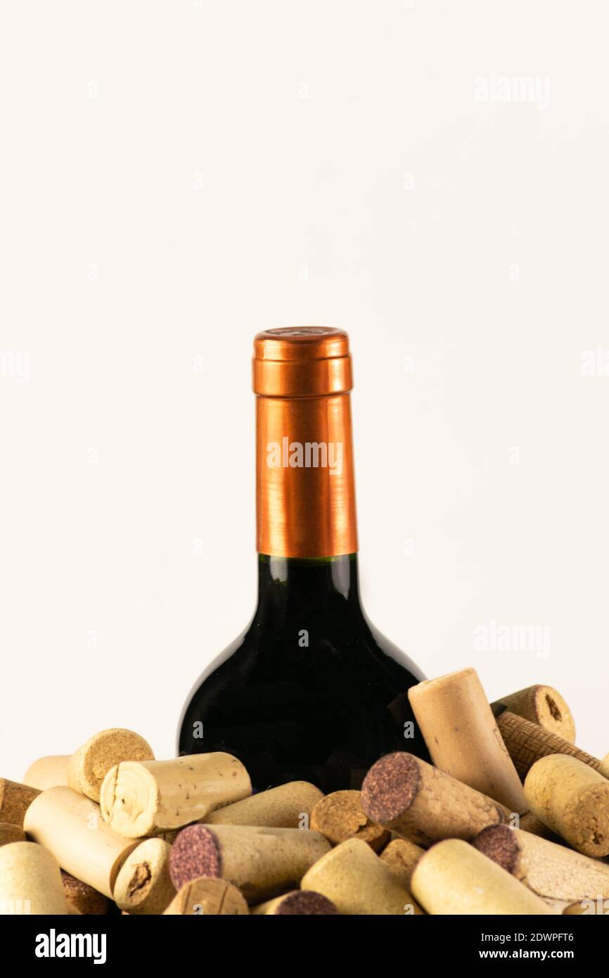 top of wine bottle sticking out of a group of corks Stock Photo Alamy