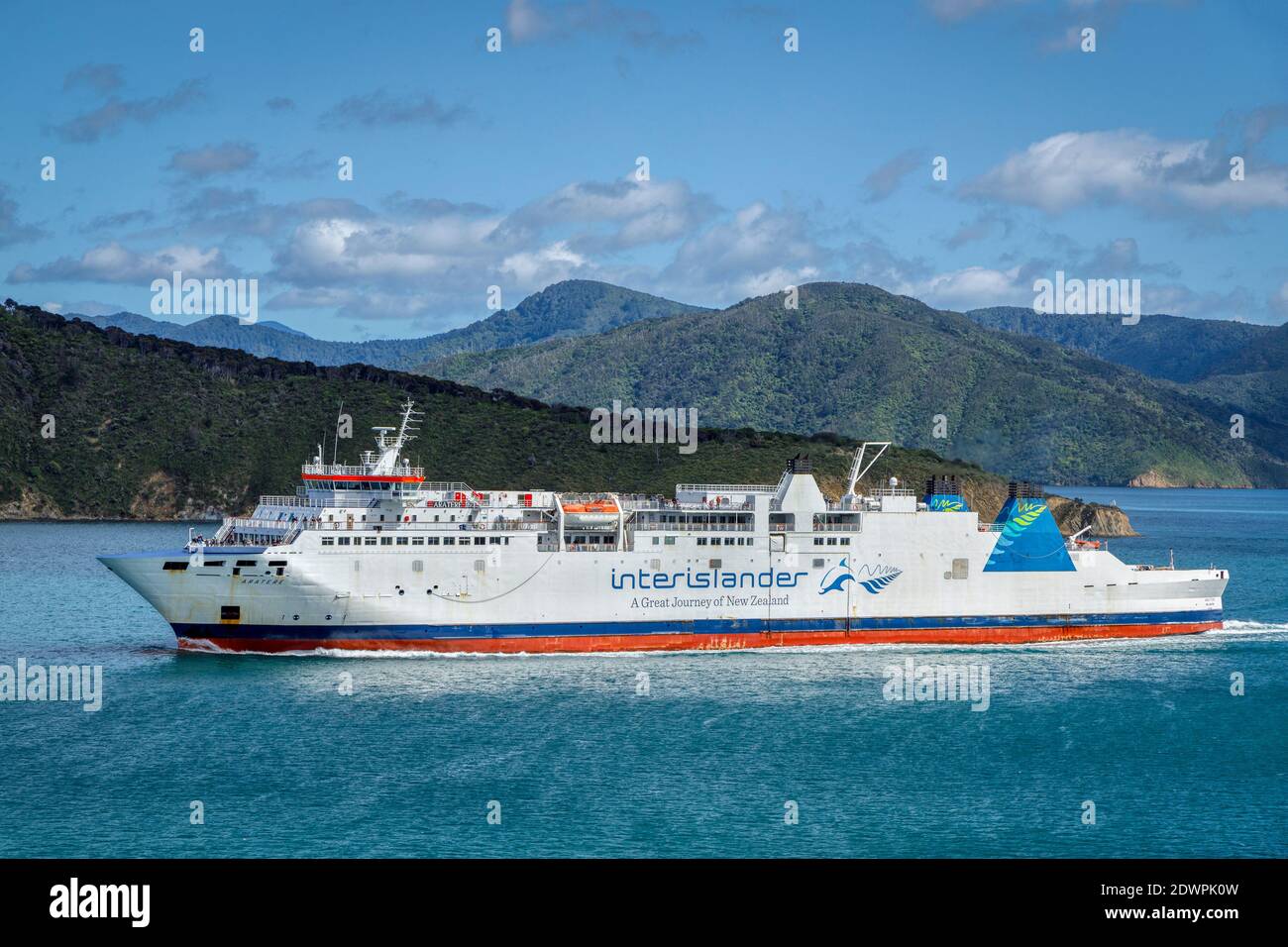 The Aratere interislander ferry in the Cook Strait within the Marlborough Sounds of South Island, New Zealand. Stock Photo
