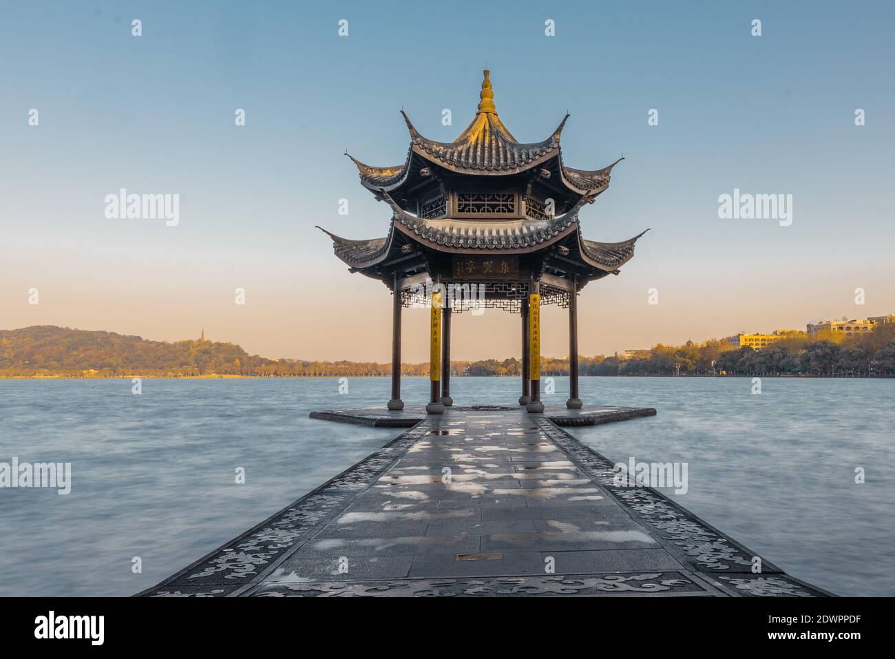 Sunrise view of Jixian pavilion, the historic landmark in at West Lake, in Hangzhou, China. Stock Photo