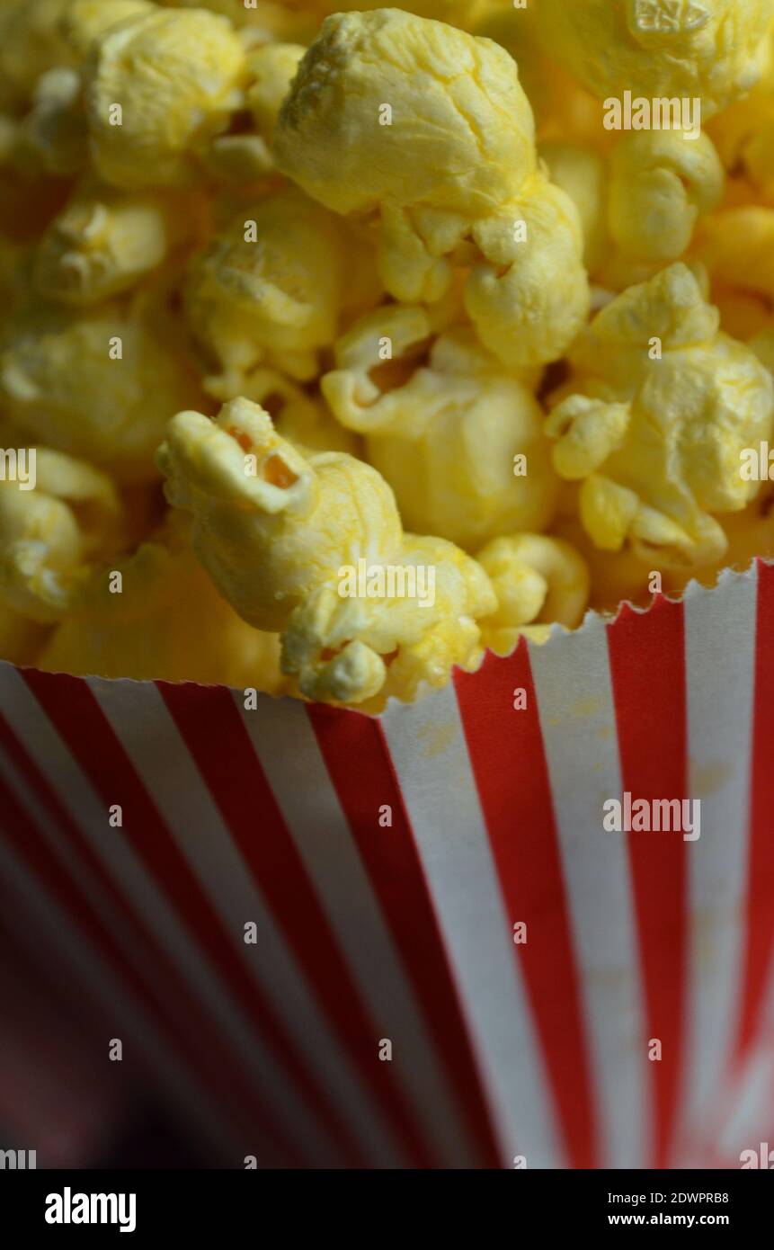 Close Up Red Striped Paper Bags Of Buttered Popcorn Stock Photo Alamy