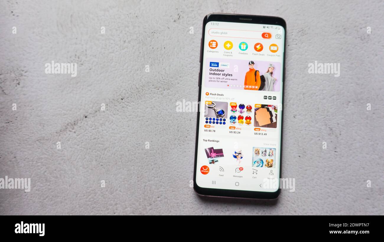 AliExpress online shopping app interface on smartphone screen. Worldwide popular e-commerce service based in China owned by Alibaba Group. Stock Photo