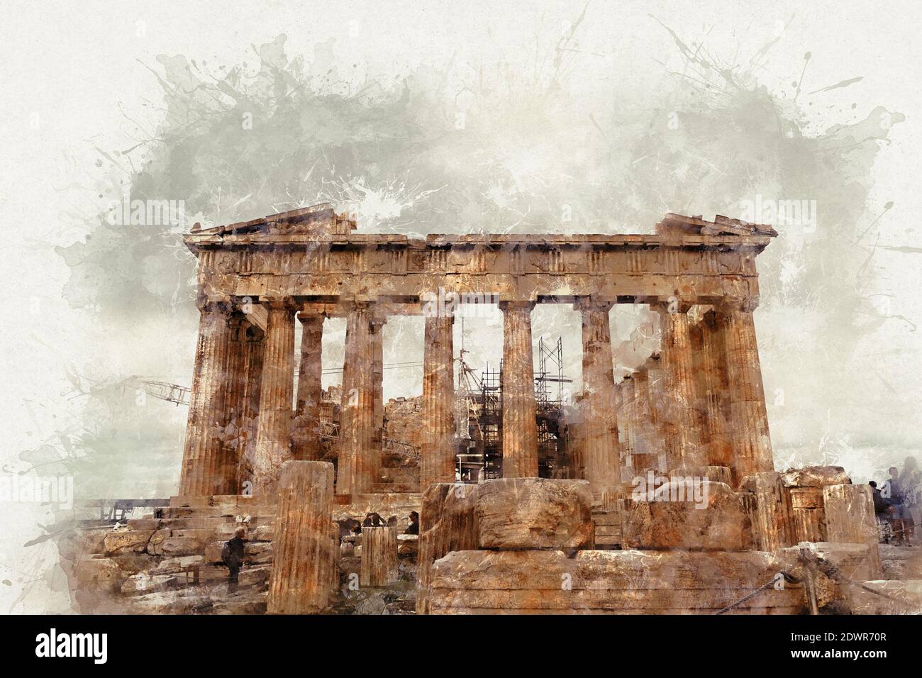 Watercolor illustration of a landscape on old paper. Parthenon