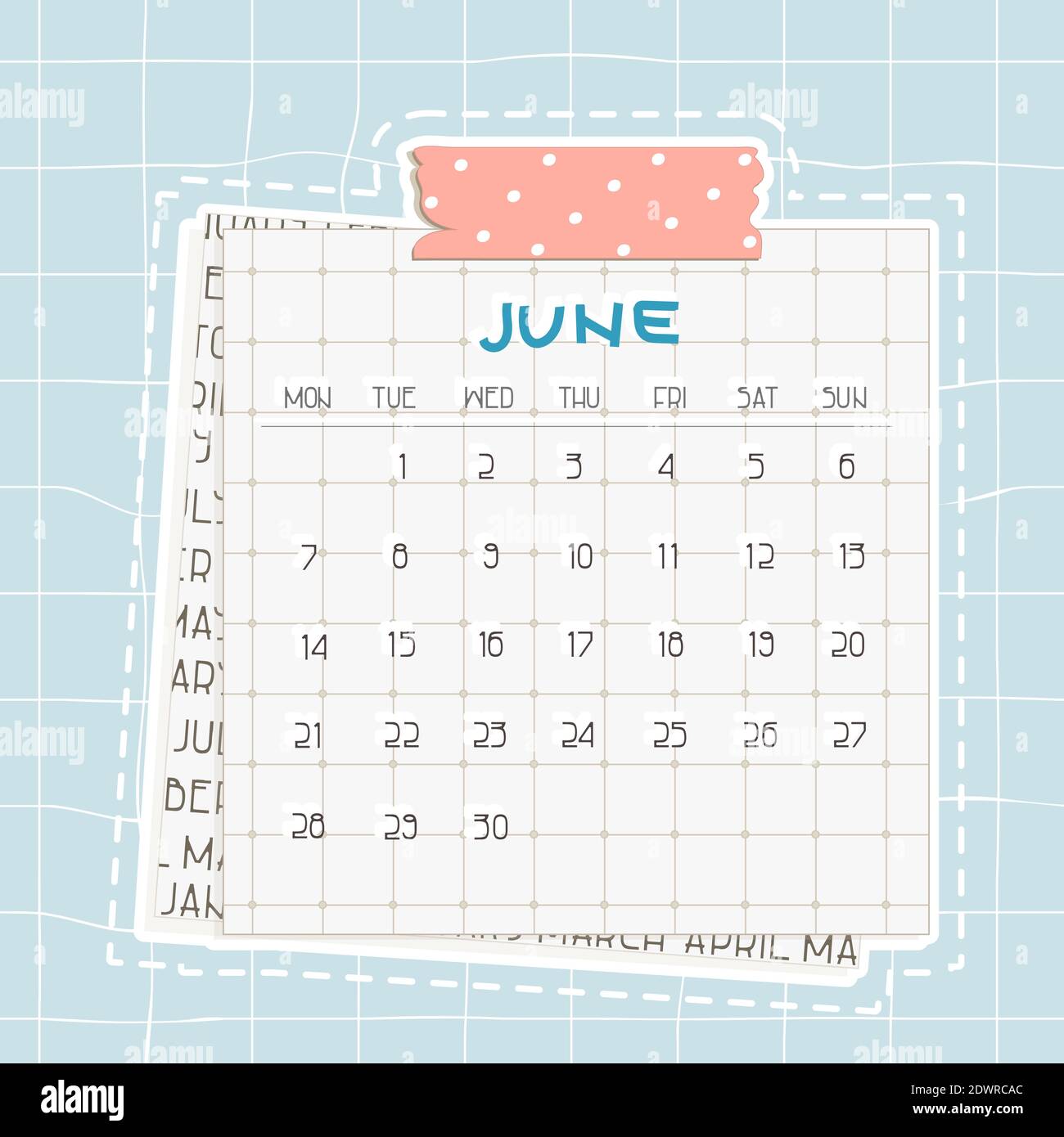 June 21 Month Calendar Blue Text On Squared Paper With Dots A Piece Of Newspaper Is At The Bottom Cute Pink Scotch Patterned Adhesive Tape With Stock Vector Image Art Alamy
