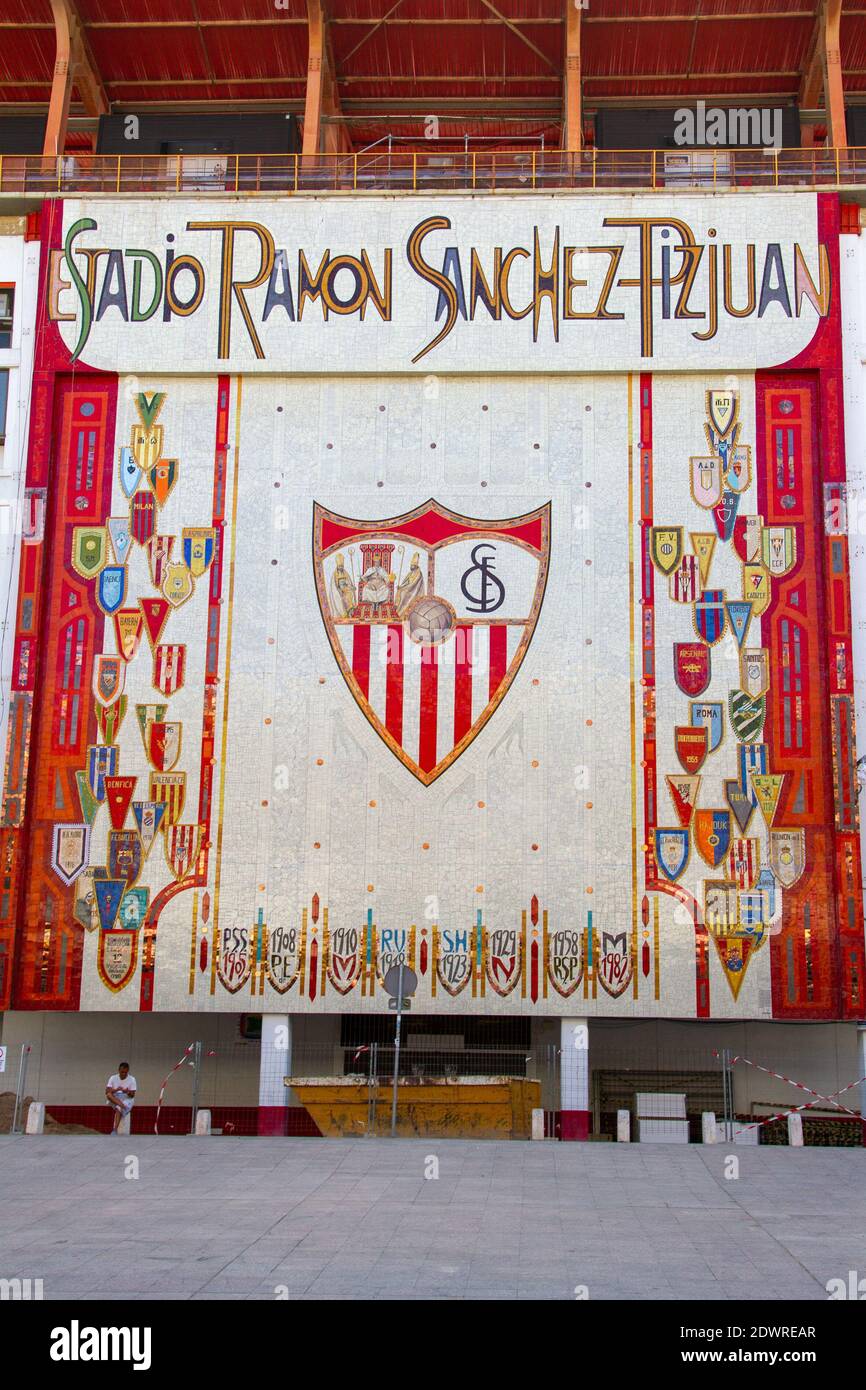 Europe, Spain, Ramón Sánchez Pizjuán Stadium, Sevilla FC football club stadium. Centenary fresco 1905-2005. The stadium is named after Ramón Sánchez P Stock Photo