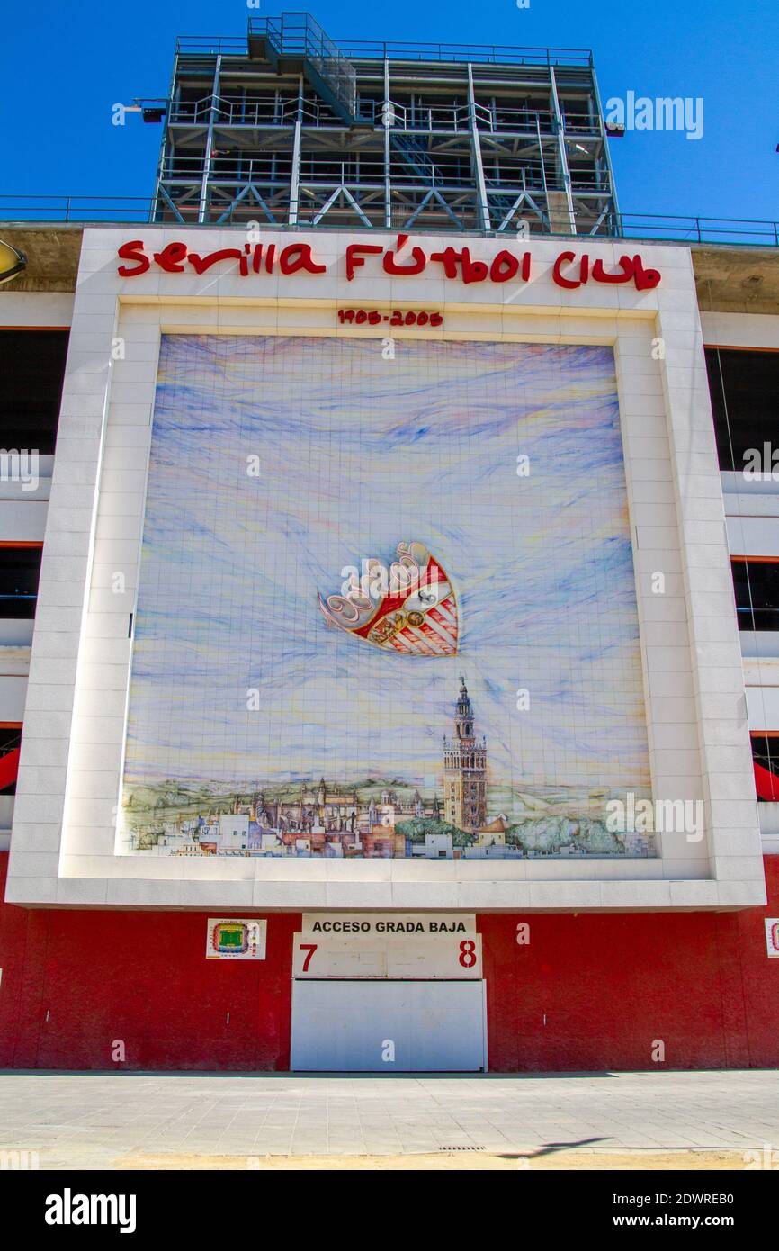 Europe, Spain, Ramón Sánchez Pizjuán Stadium, Sevilla FC football club stadium. Centenary fresco 1905-2005. The stadium is named after Ramón Sánchez P Stock Photo