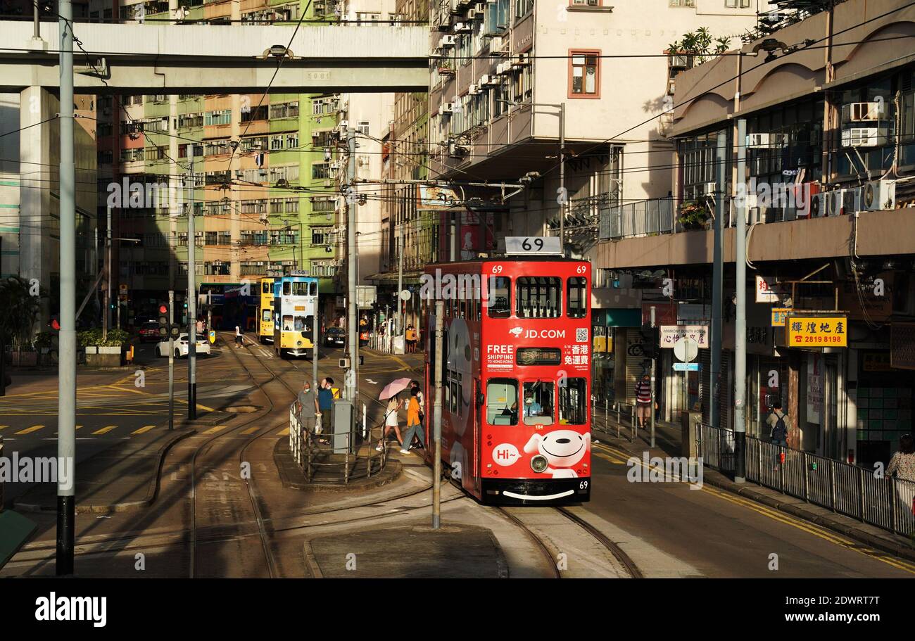 Hong Kong, China. 5th July, 2020. A tram runs on the street in Hong Kong, south China, July 5, 2020. Credit: Li Gang/Xinhua/Alamy Live News Stock Photo