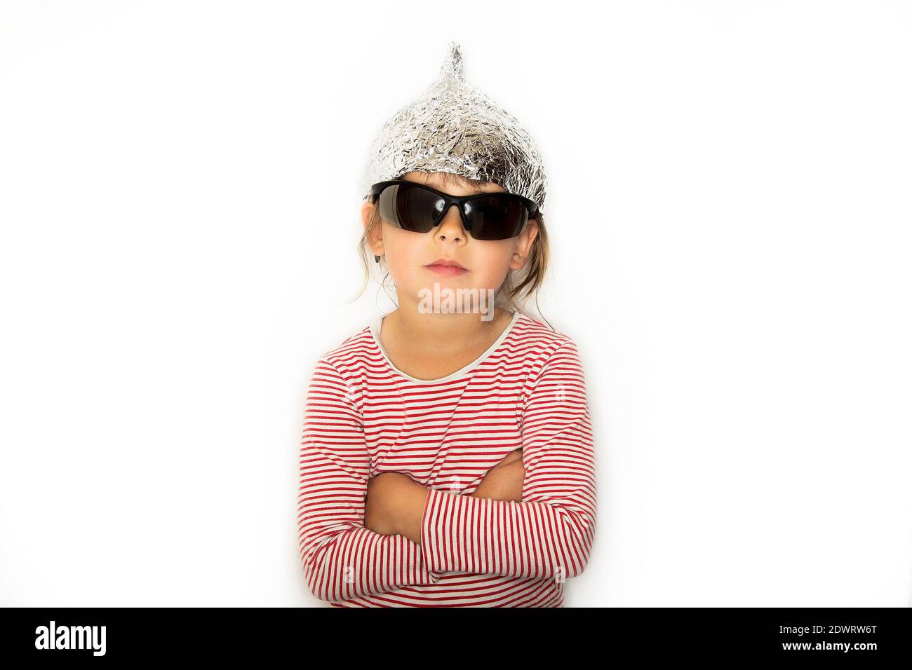 Cool girl with tin foil hat - concept of conspiracy theory Stock Photo