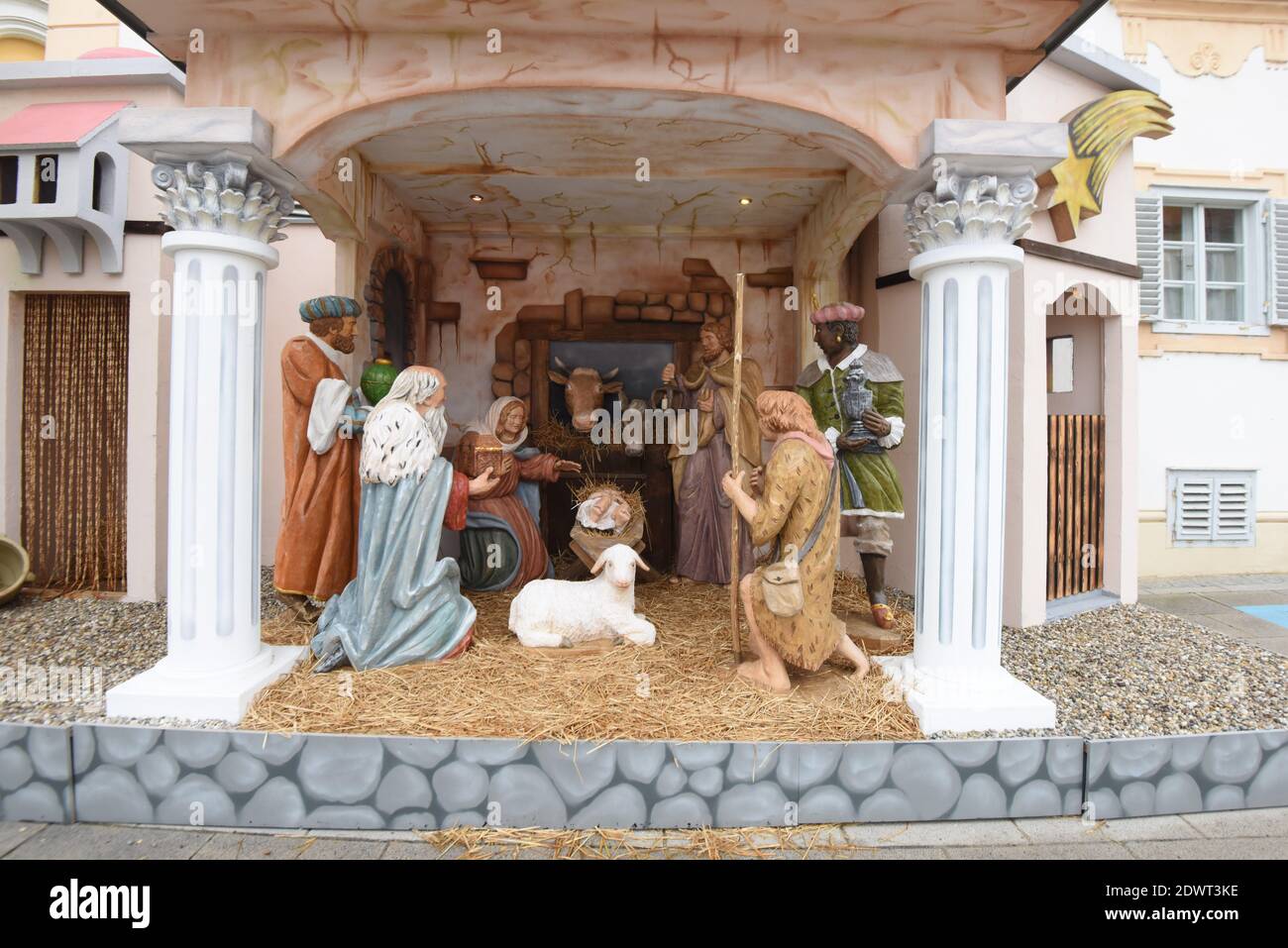 full sized christmas crib or nativity scene, folk culture during the christmas time Stock Photo