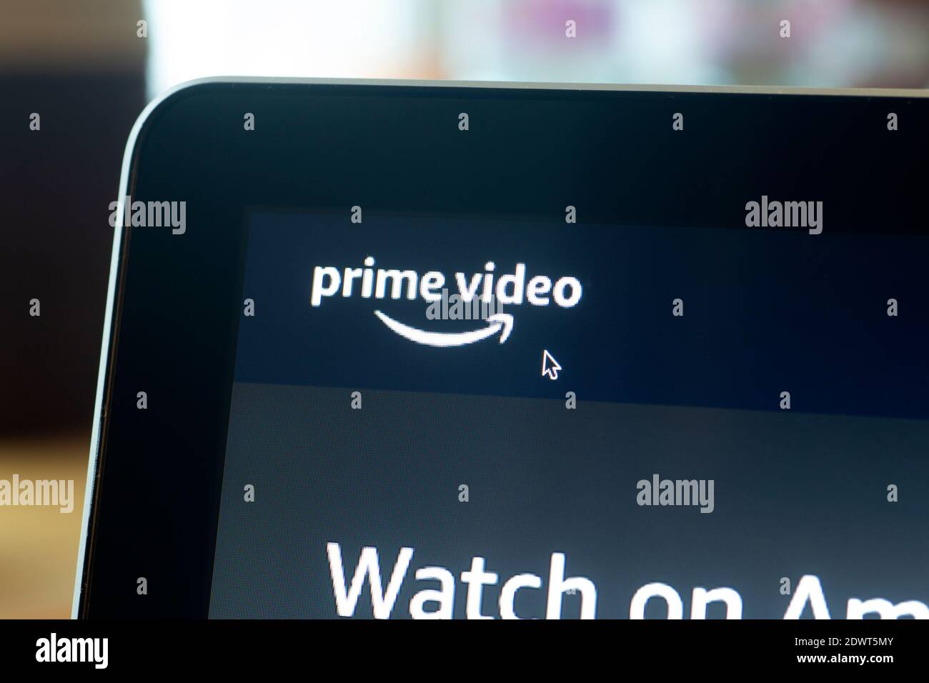 Prime video Amazon logo on a computer screen. Home page of the