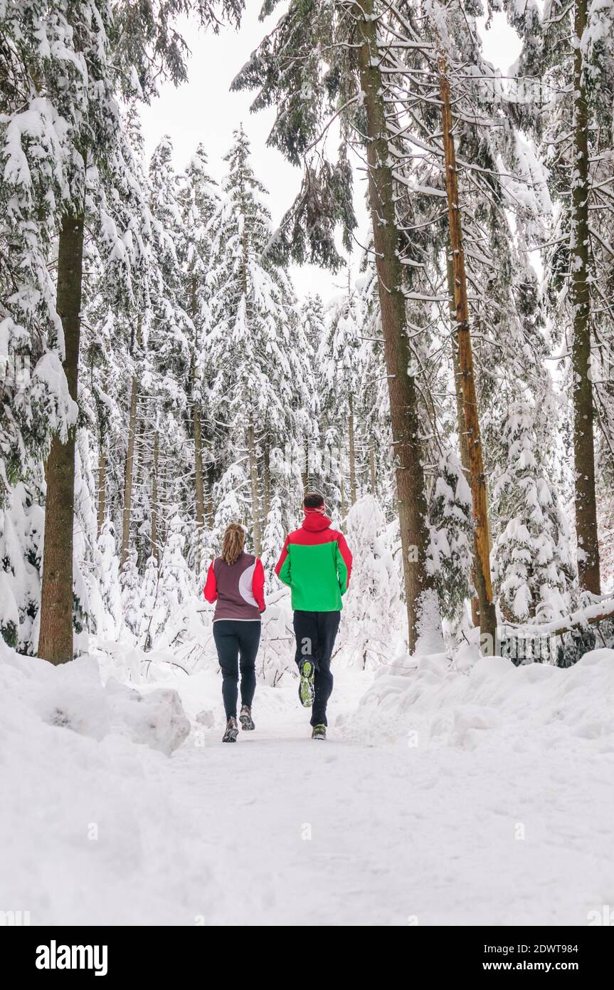 Two joggers during running workout in wintry nature Stock Photo