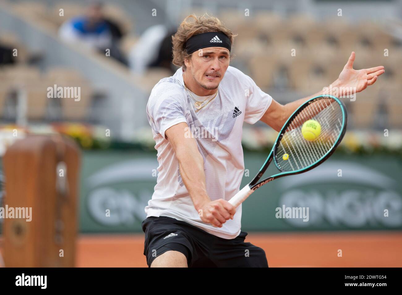 German tennis player Alexander Zverev playing backhand volley during French Open 2020,Paris, France,Europe. Stock Photo
