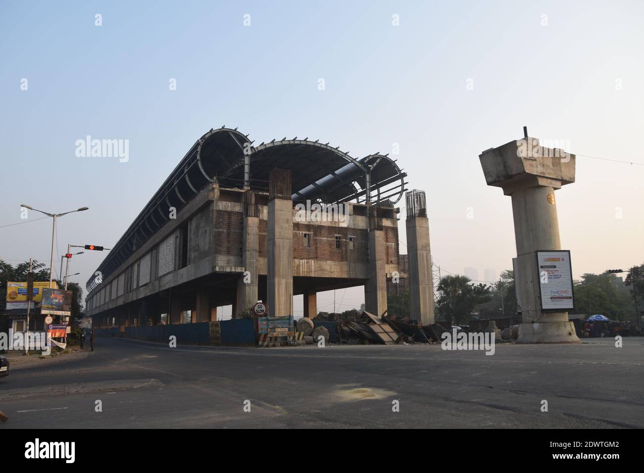 Kavi Sukanta metro station under construction at Kalikapur on Eastern Metropolitan Bypass, Kolkata. Stock Photo