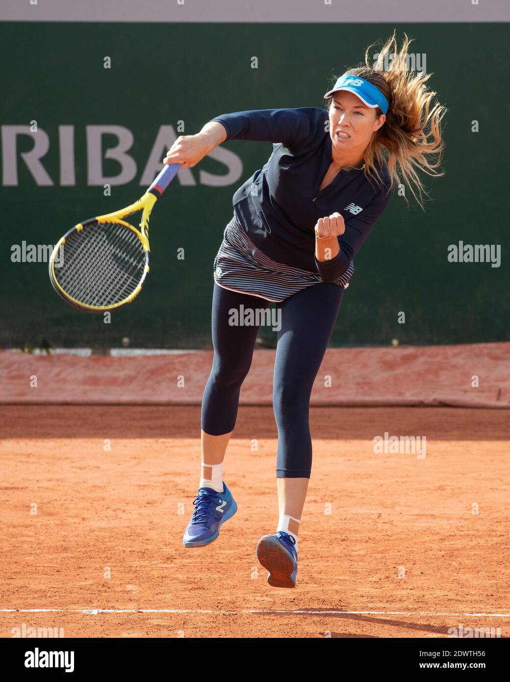 American tennis player Danielle Collins playing a serve during a match at French Open 2020, Paris, France, Europe. Stock Photo