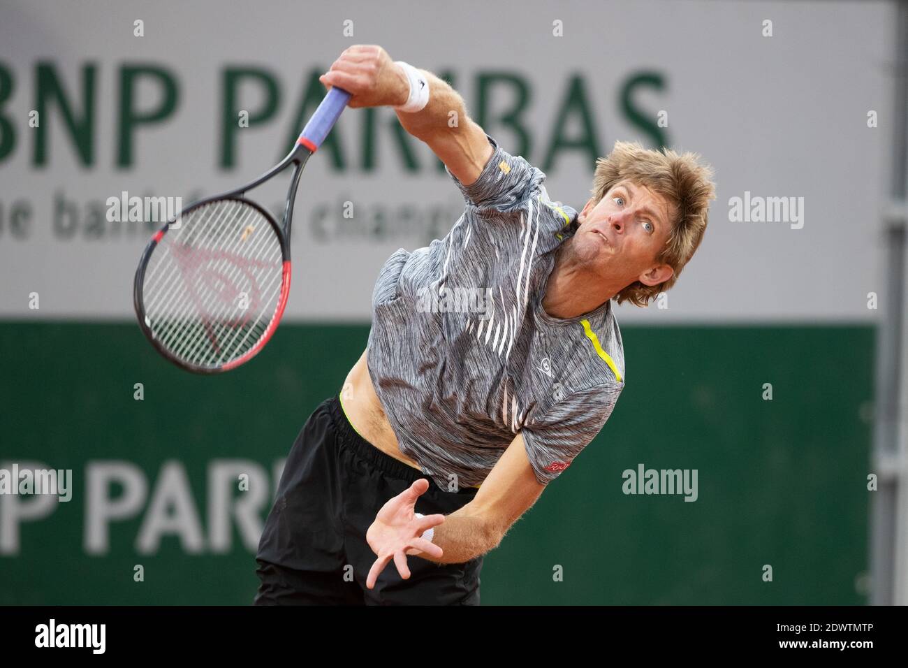 South African tennis player Kevin Anderson playing a serve during a match  at French Open 2020, Paris, France, Europe Stock Photo - Alamy