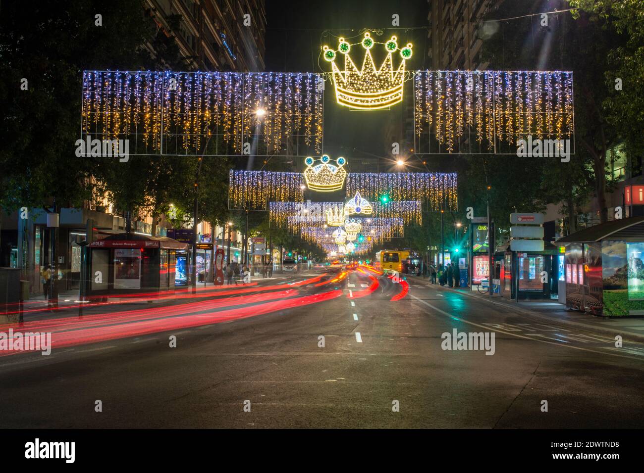 Christmas lights on the Gran Vía del Escultor Francisco Salzillo with streaked traffic lights in Murcia Spain Stock Photo
