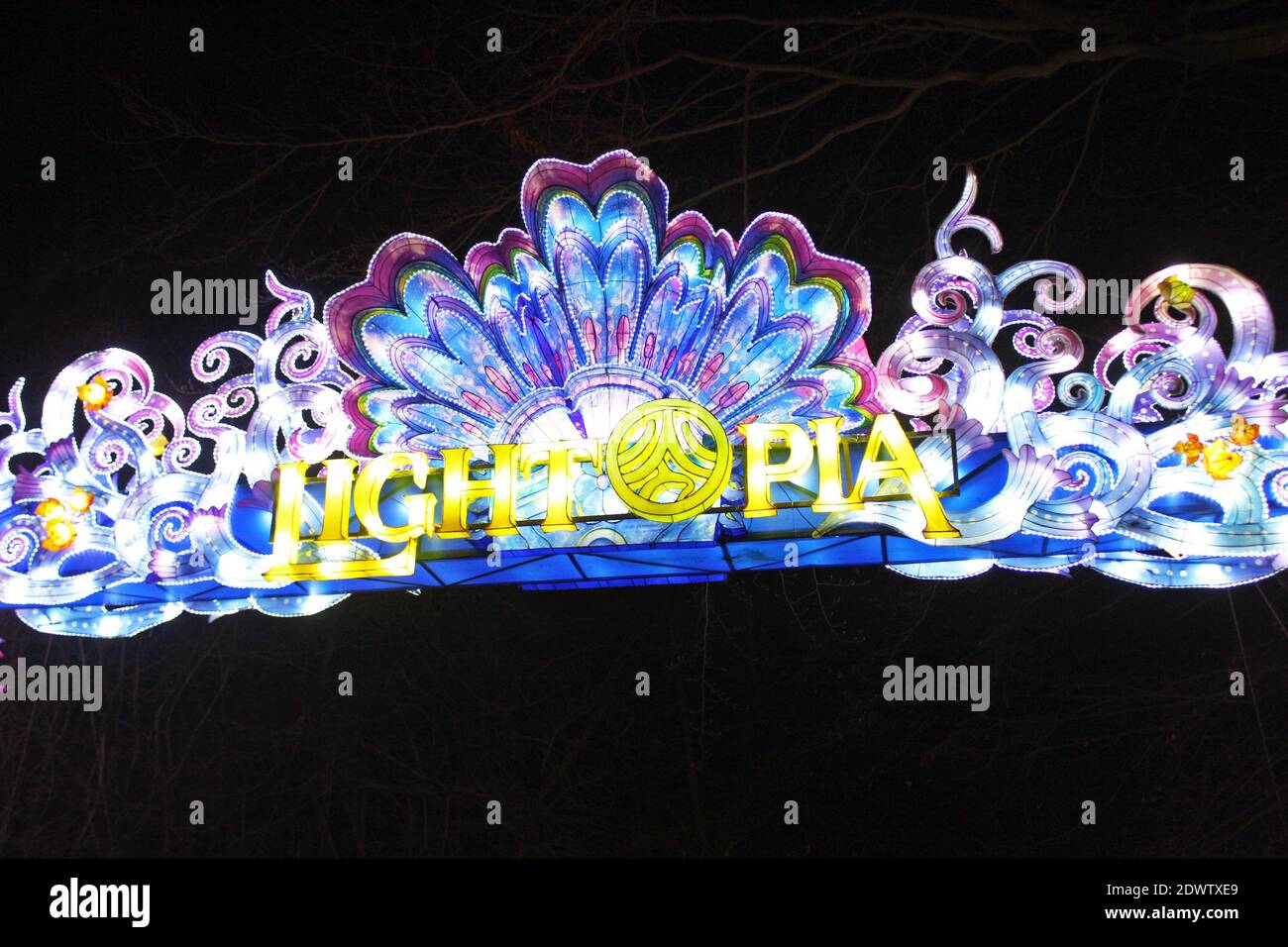 Illuminated Lightopia light up display sign lantern at Lightopia festival 2020 at Heaton Park, Manchester Stock Photo