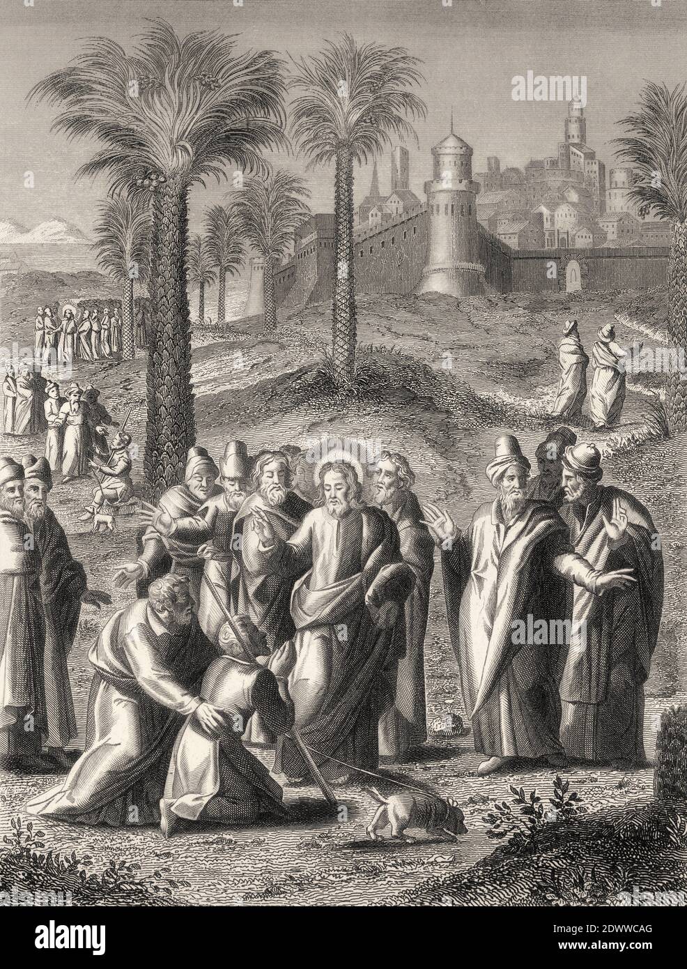 Healing a blind man near Jericho, New Testament, steel engraving 1853, digitally restored Stock Photo