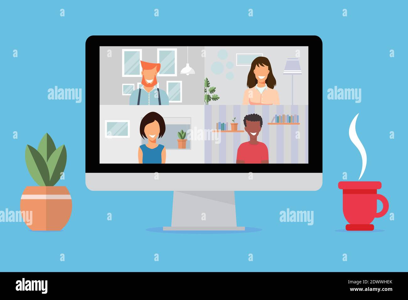 Girl friends chat online. Girl sitting in a chair in front of a laptop and  speaks with friend. Video conference, online chat concept. Working or online  meeting from home. Vector flat illustration.