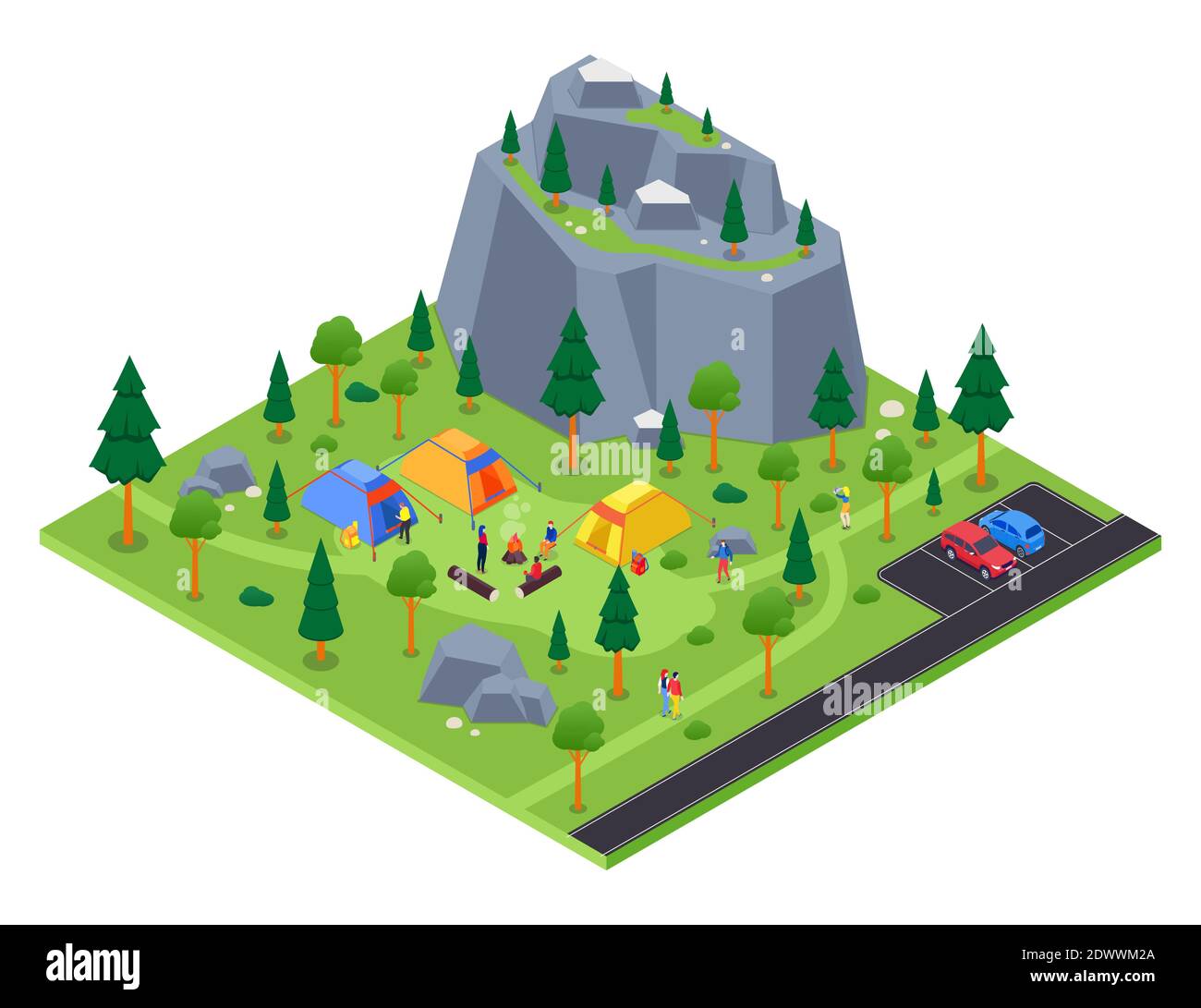 Camping site - modern vector colorful isometric illustration. Landscape with a mountain, tents in the forest, trees and rocks, parking lot. Tourists s Stock Vector