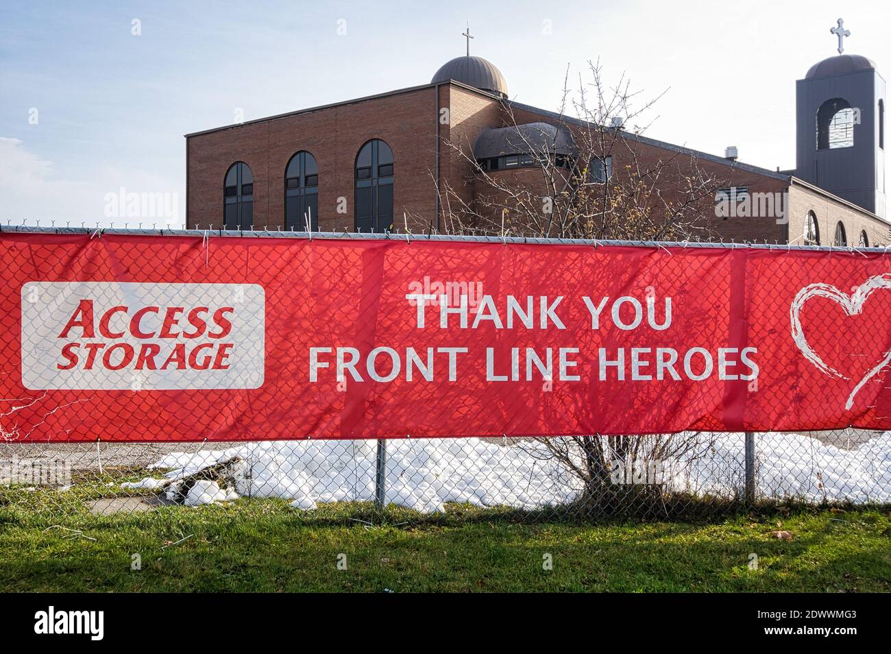 Sign thanking the Front Line Workers during the Covid-19 pandemic, Toronto, Canada Stock Photo