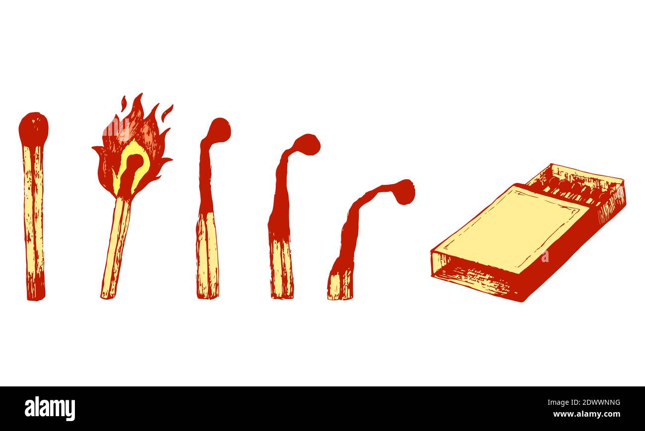 Safety colorful matches collection with burning match with fire, open  match, burnt match and box of matches isolated on white Stock Vector Image  & Art - Alamy