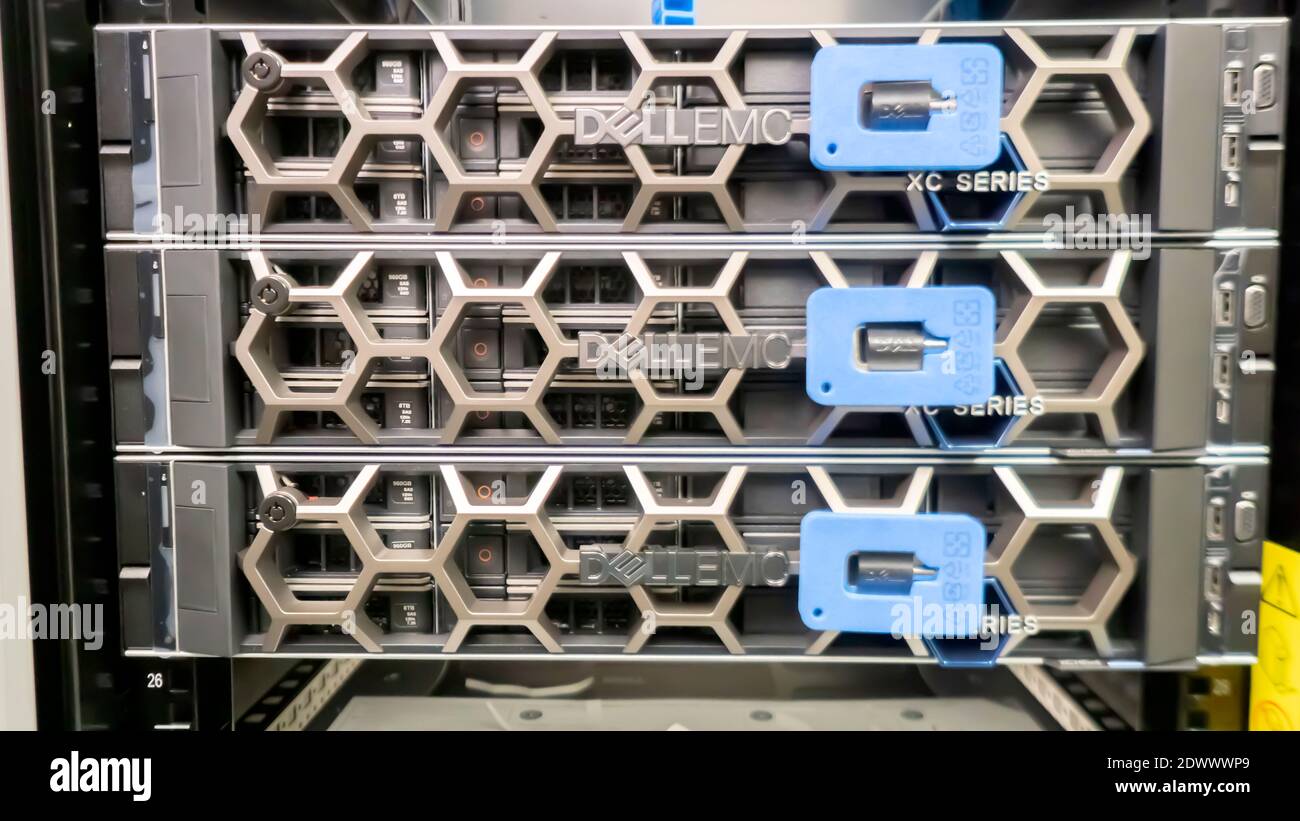 Rawang,Selangor,Malaysia,23rd December 2020-Dell logo on server rack at datacenter. Stock Photo