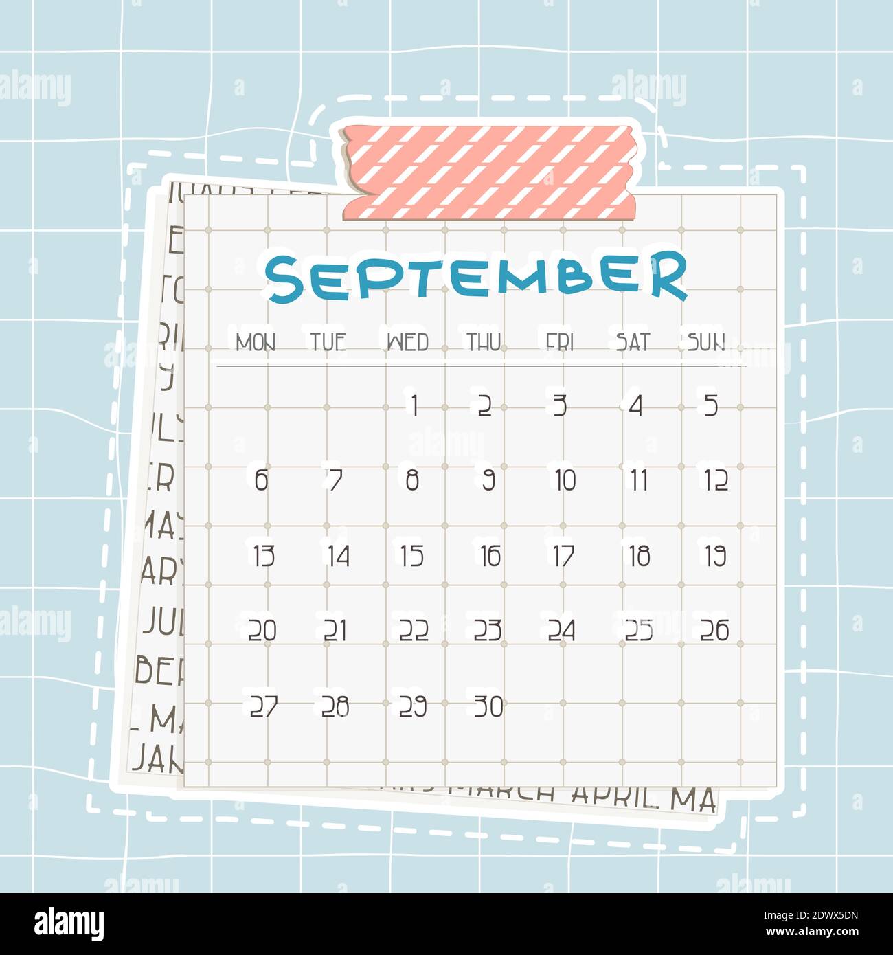 September 2021 month calendar. Blue text on squared paper with dots. A piece of newspaper is at ...