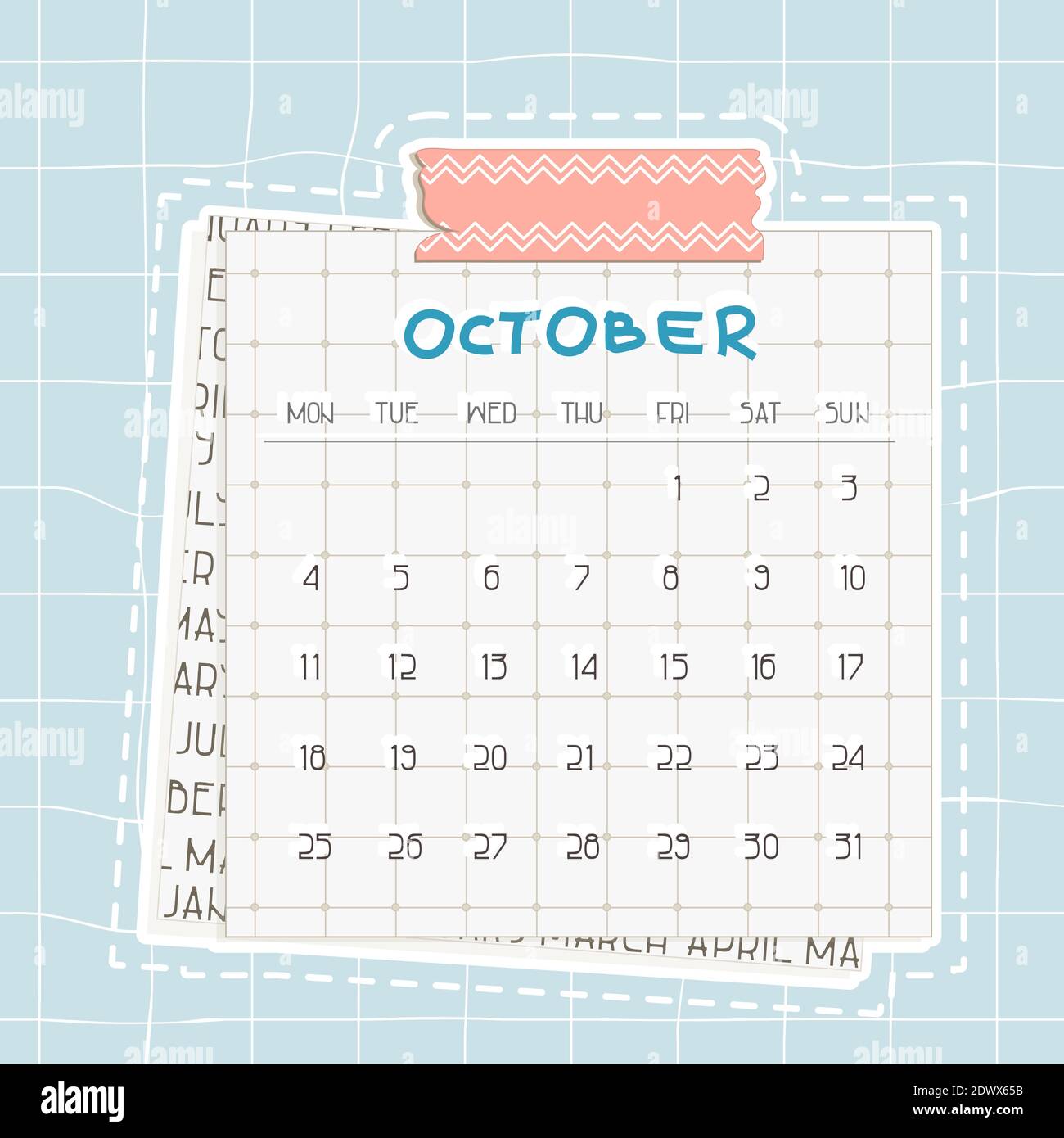 October 2021 month calendar. Blue text on squared paper with dots. A piece of newspaper is at the bottom, cute pink scotch, patterned adhesive tape wi Stock Vector