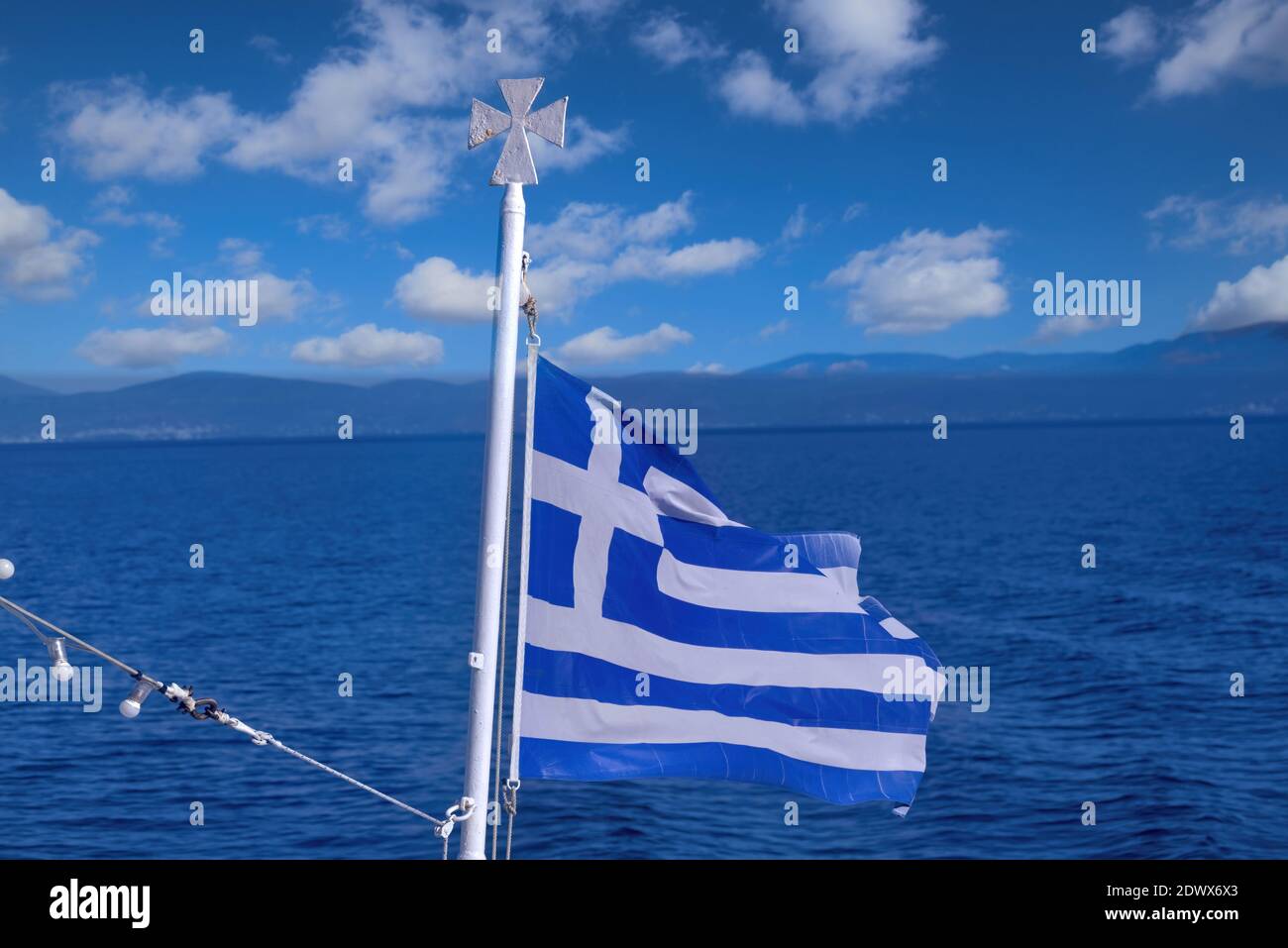 Greece, the flag of Greece is waving on a ship. Stock Photo