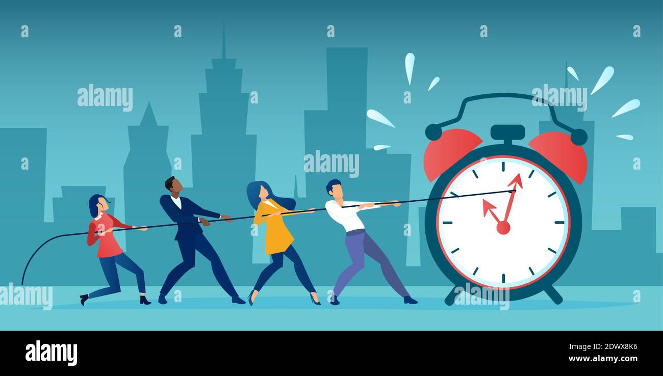 Vector of a group of business people pulling clock hands on a rope. Time management deadline concept Stock Vector