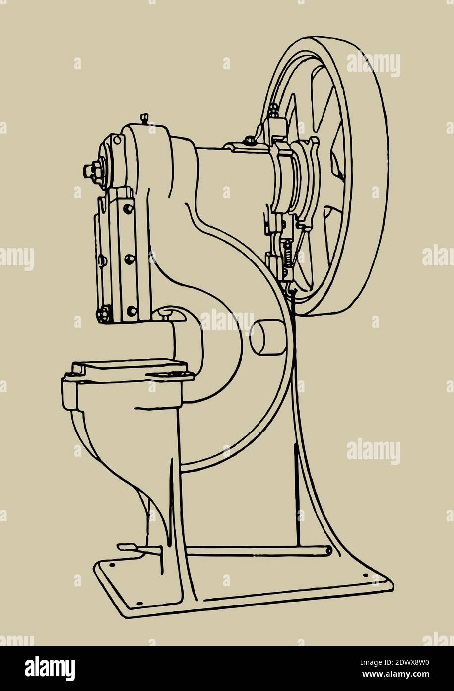 Powerful cutting and punching press in three-quarter view isolated on a beige background, after a drawing from the 19th century Stock Vector