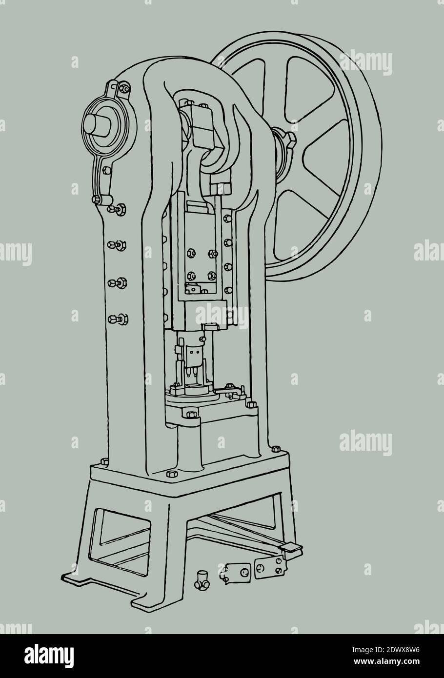 Antique straight-sided drop-forging press in three-quarter view isolated on a pale green background, after a sketch from the 19th century Stock Vector