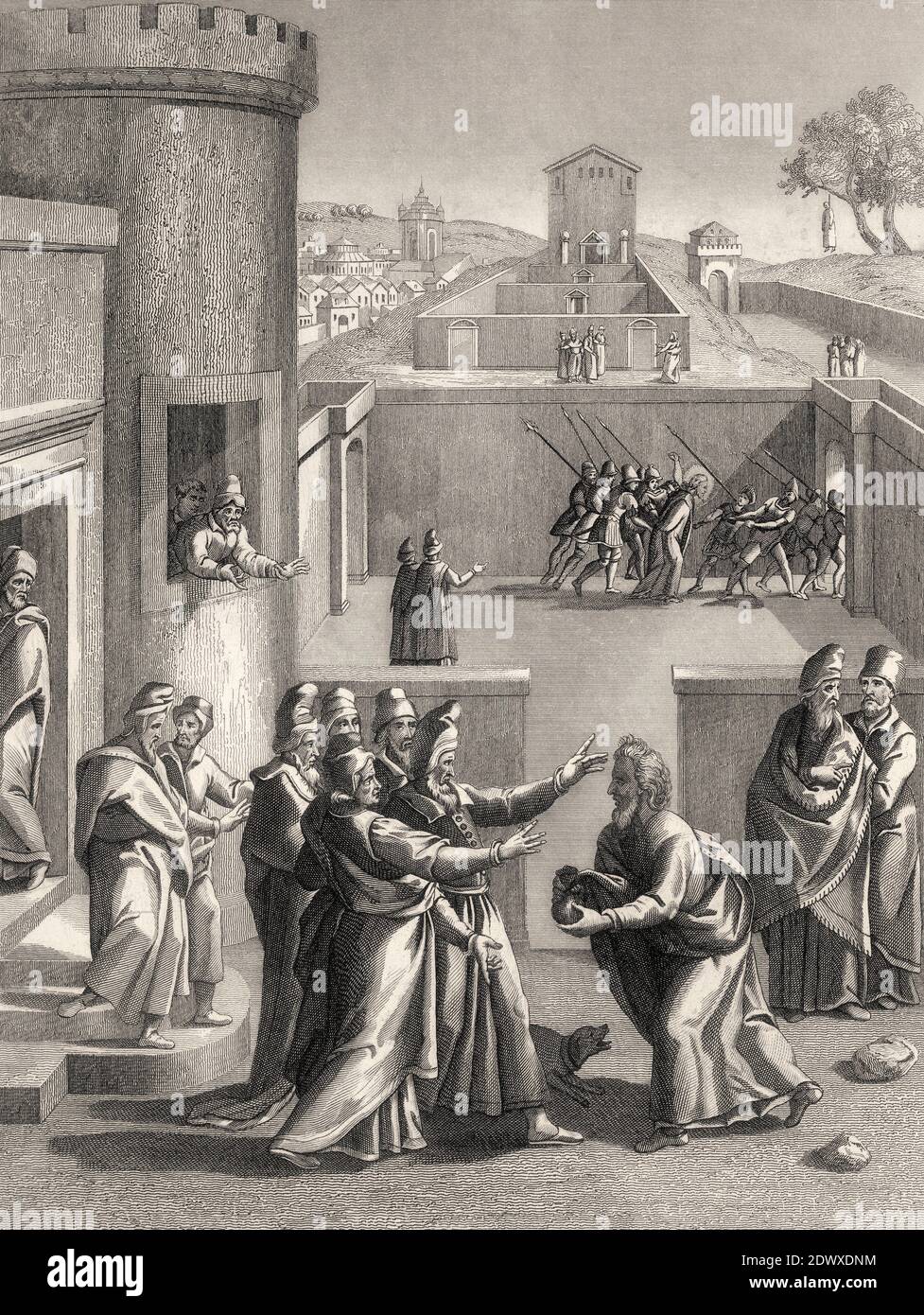 Judas Iscariot before Pontius Pilate, New Testament, steel engraving 1853, digitally restored Stock Photo