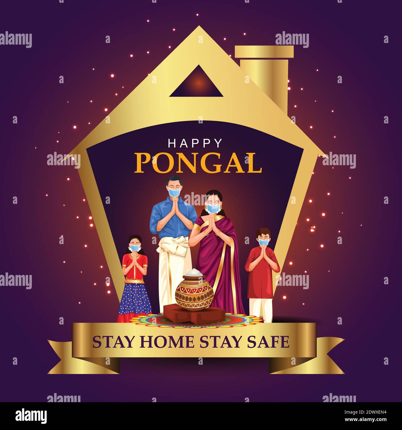 happy Pongal greetings. a family pry in front of home with wearing surgical mask. covid corona virus concept. vector illustration design Stock Vector