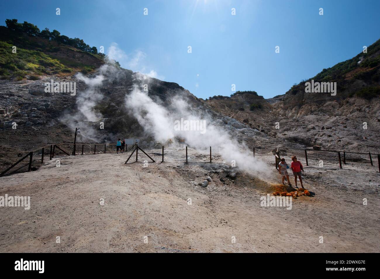Hot steam and sulfurous fumes rise from fumarole of Solfatara volcano. Pozzuoli, Campi Flegrei (Phlegraean Fields), Naples, Campania, Italy Stock Photo
