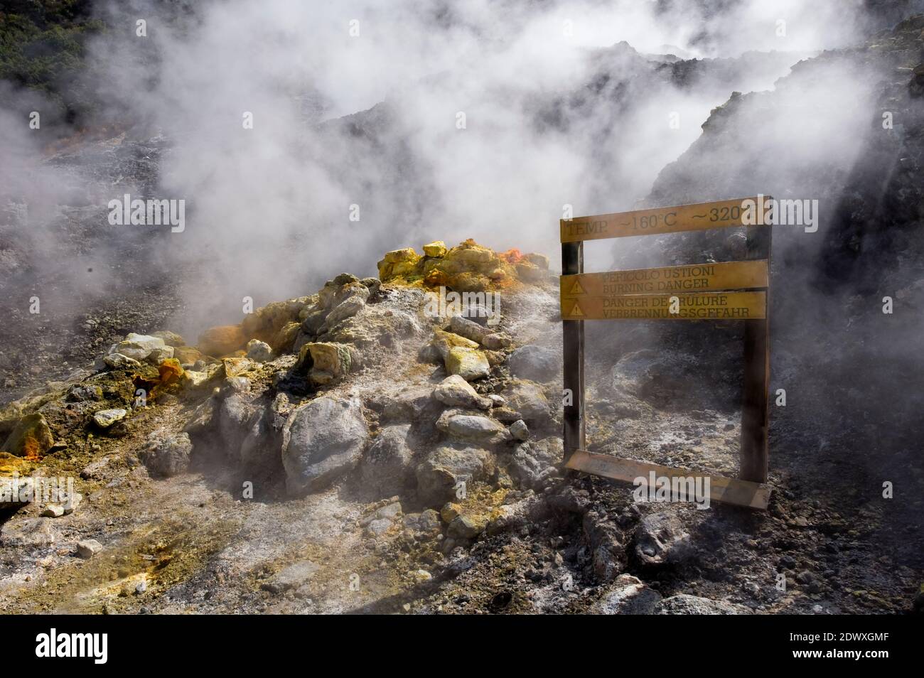 Hot steam and sulfurous fumes rise from fumerole Solfatara volcano. Pozzuoli, Campi Flegrei (Phlegraean Fields), Naples, Campania, Italy Stock Photo