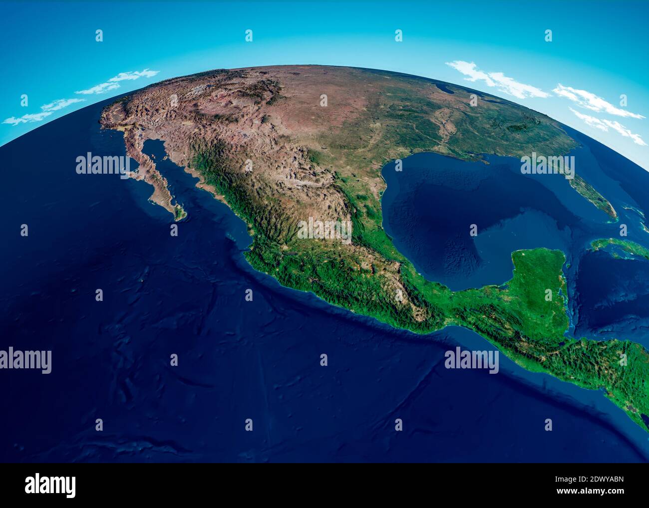 Map of Central America, satellite view. Mexico and United States, physical map. reliefs and mountains. Elements of this image are furnished by Nasa Stock Photo